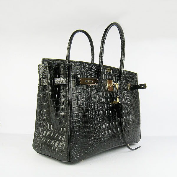 High Quality Fake Hermes Birkin 35CM Crocodile Head Veins Leather Bag Black 6089